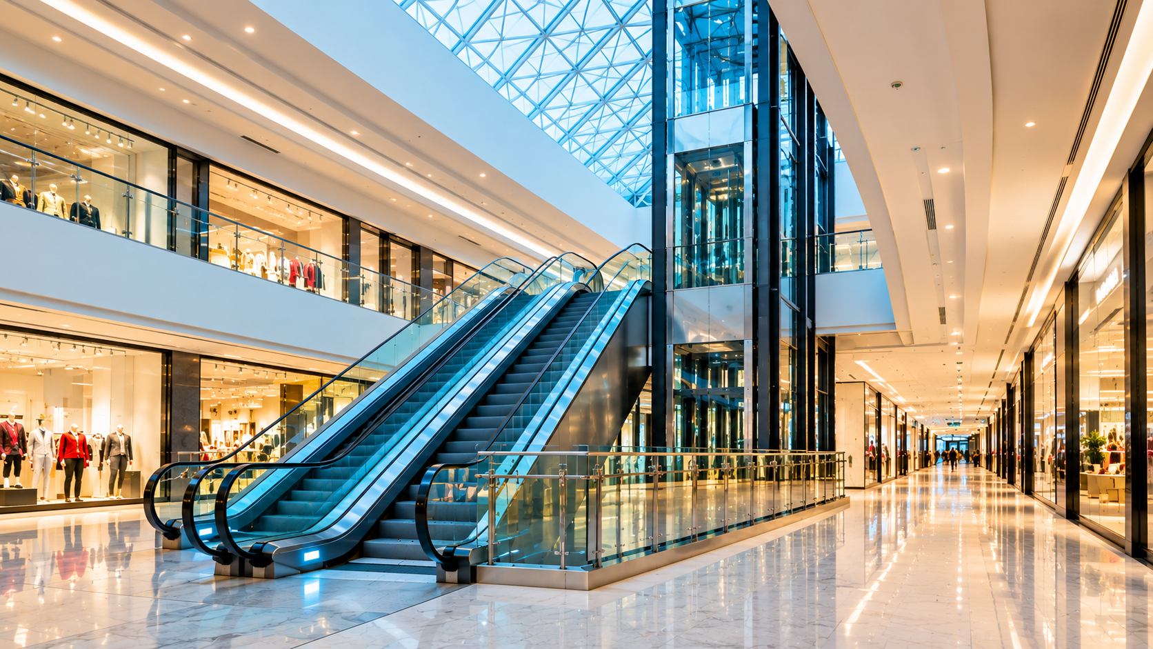 Modern shopping mall escalators and glass elevator by Altis Elevator & Engineering